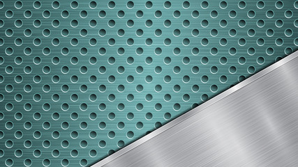 Background of light blue perforated metallic surface with holes and angled silver polished plate with a metal texture, glares and shiny edges