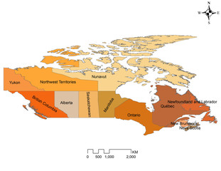 Map of ten provinces and three territories of Canada