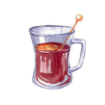 Watercolor of Christmas and winter drink isolated on white. Soft color, contour, hand drawn. Mulled wine.