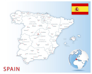 Detailed map of Spain administrative divisions with country flag and location on the globe.