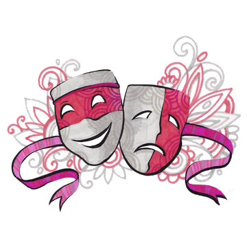 Theatre Masks. Drama and comedy. Illustration for the theater. Tragedy and comedy mask
