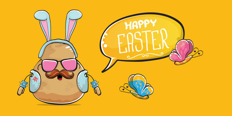Vector rock star easter potato funny cartoon character with blue easter bunny ears isolated on orange horizontal banner background. rock n roll easter party poster or happy easter greeting card