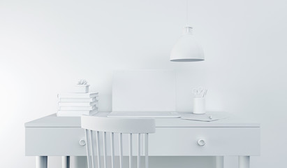 White workplace. Table, chair, lamp of the same color. The concept of cleanliness. 3D rendering.