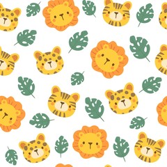 Fototapety  Seamless pattern with cute animal heads. Baby wild cat. Background with funy lion, leopard, tiger.Kids wallpaper. Cartoon vector illustration