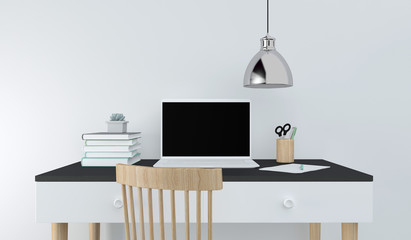A bright, comfortable workplace at home. Work from home, freelance. 3D rendering.