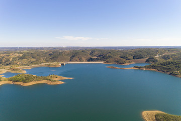 Aerial drone view of Barragem de Odeleite Dam reservoir in Alentejo, Portugal