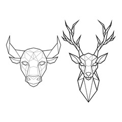 Set of two polygonal abstract heads of a bull and a deer. Vector illustration