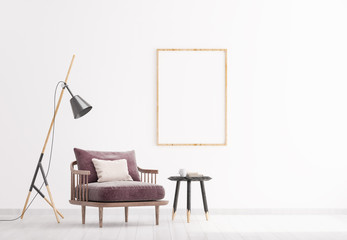 Living room with wooden table and armchair, empty wooden frame on white background