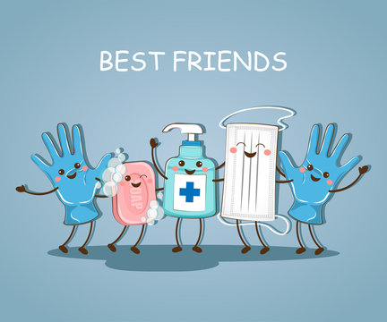 vector illustration depicting virus protection.caronavirus.vector. best friends medical mask, soap, antiseptic, medical gloves
