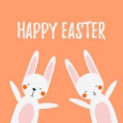 Obraz na płótnie Canvas Cute white Easter rabbits greeting with Happy Easter. Traditional symbol for a Spring religious holiday made in cute flat cartoon style. Vector