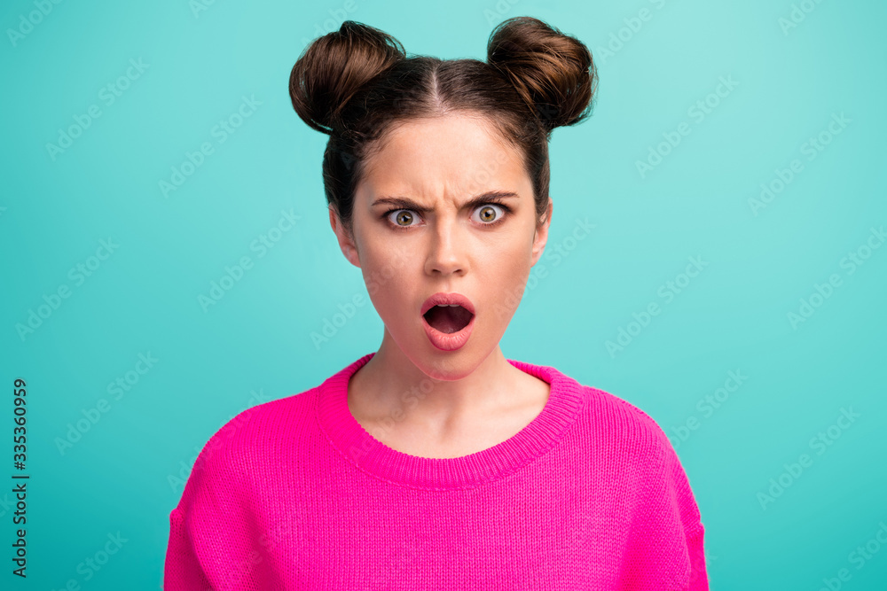 Canvas Prints Close-up portrait of her she nice attractive lovely sad mad shocked girl lose loser bad news reaction isolated over bright vivid shine vibrant blue turquoise color background