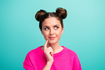 Fototapeta premium Close-up portrait of her she nice attractive lovely winsome cute creative cheerful cheery girl creating strategy touching face isolated over bright vivid shine vibrant blue turquoise color background