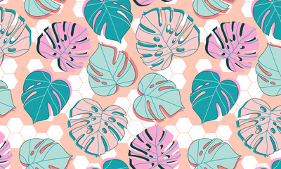 Monstera leaves on tiles pattern. Seamless Hawaiian tropical plant design in pastel tones. Beautifully organized hand drawn vector illustration for background, banner, textiles. Summer forest concept.
