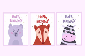 Set of cute greeting cards with animals.Vector illustration.