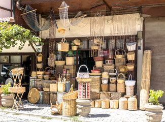 handmade wicker baskets in shop for sale in Ankara Castle - Old Town