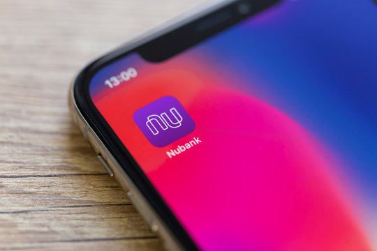 Sao Paulo, Brazil; July 29, 2019: Nubank logo on the screen of the mobile device. Nubank is a Brazilian company in the segment of financial services and digital bank.