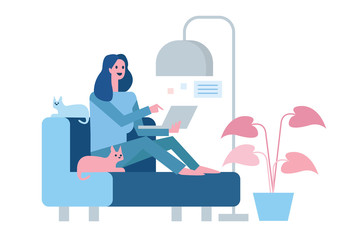 Happy woman sitting on sofa and working with laptop. Home quarantine concept design. vector illustration