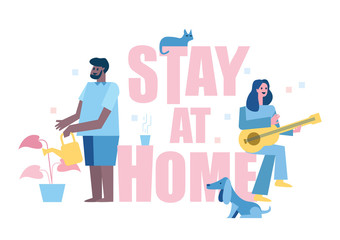 Stay at home. People enjoy home activity. playing guitar, take care plants. Home quarantine concept design. vector illustration