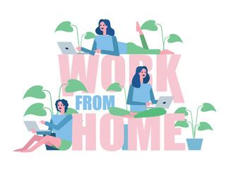 Group of woman working from home. Home quarantine concept design. vector illustration