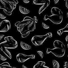 Chicken wings and legs, food chalk  vector seamless pattern on black background. Concept for menu, cards, wallpaper, wrapping paper  