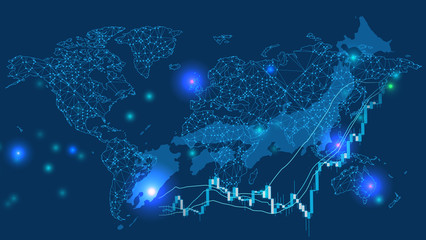 デジタルネットワークテクノロジー青色背景世界地図素材