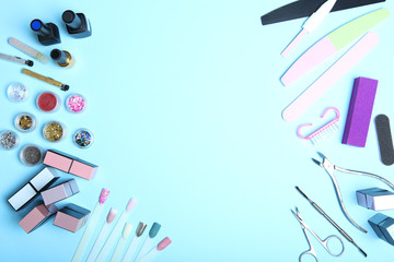 Manicure - tools for creating, gel polishes, everything for the treatment of nails, the concept of beauty, care. Place for text
