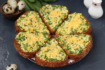 Homemade hot sandwiches with green onions, ramson wild garlic, quail eggs, cheese and parsley on dark background, selective focus