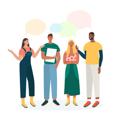 Fototapeta premium Group of people have a discussion about latest world news. Men and women with speech bubbles are talking. Flat vector characters standing together and chatting.