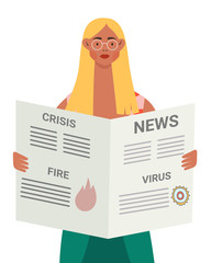 Crying woman reading newspaper with latest news. Girl feels panic and anxiety about crisis, news, coronavirus. Female holding morning paper and explore it with a sad face and tears.