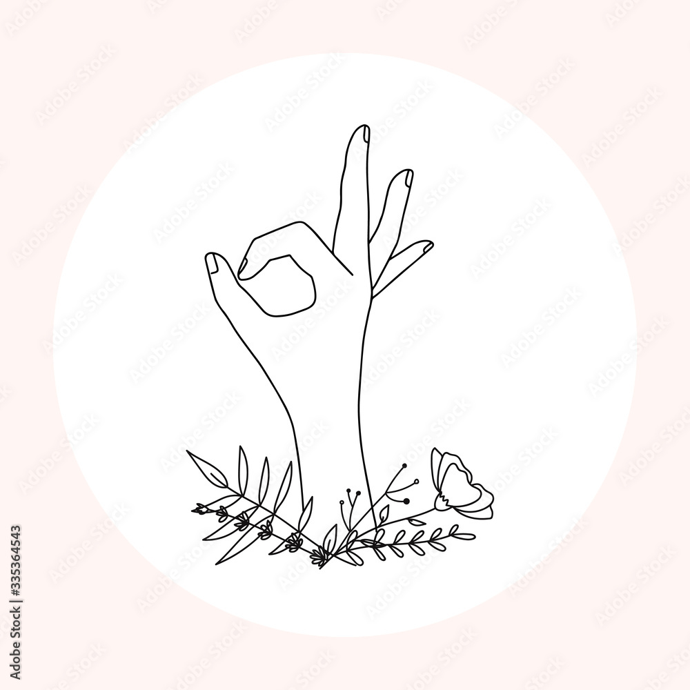 Wall mural Woman hands line art. Natural hand position, gestures in minimalist and boho style. Elegant logo, badges and pre-made scenes with hand and flowers.