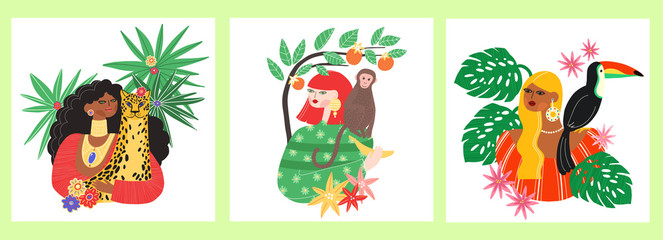 Obraz na płótnie Canvas Caring about ecology and fauna diversity. Wildlife protection and rescue concept. Girls holding leopard, monkey, toucan isolated vector illustration. Woman loves and protects wild animals and birds.