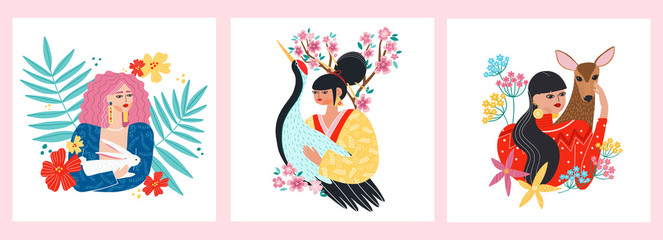 Caring about ecology and fauna diversity. Wildlife protection and rescue concept. Girls holding rabbit, crane, roe deer isolated vector illustration. Woman loves and protects wild animals and birds.