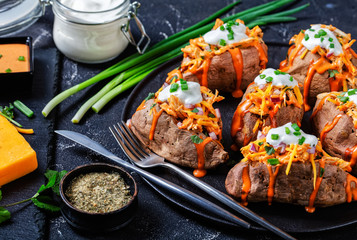 Low-fat whole baked sweet potato with cheddar