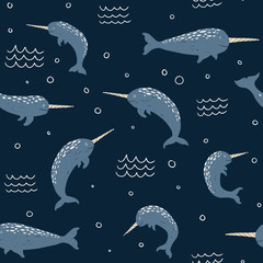 Narwhal seamless pattern.  Cute hand draw pattern for kids on blue background. Cartoon childish narwhal for wrapping paper, fabric, textile, wallpaper, home decor