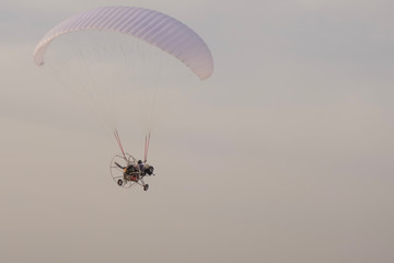Paraglider on the lake over a sandy beach.