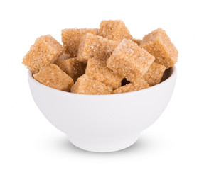 Brown sugar in a white bowl isolated on white background