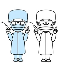 Illustration of a doctor in a mask with a syringe in his hand and a blue robe on a white background