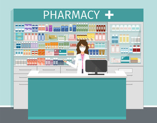 Pharmacy store with pharmacist in medical mask. Drugstore interior with showcases with medicines and apothecary female character. Vector illustration. Flat design.