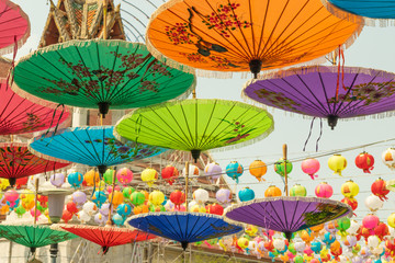 Colorful hanging umbrellas in Bangkok street