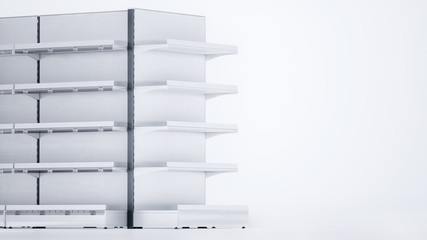 3D image side view of grocery empty shelves staying in a row with Front/End shelves on blank white background. Good for supermarket's mockup.