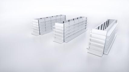 3D image over top side view of grocery empty shelves staying in three rows on blank white background. Whith Front/End shelves displays. Good for supermarket's mockup.