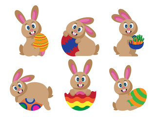 Illustration of easter celebration. Set of cute cartoon easter flat rabbits and eggs.