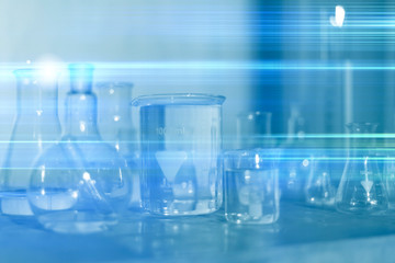 Laboratory transparent glassware instruments. Empty equipment for chemical lab in realistic style....