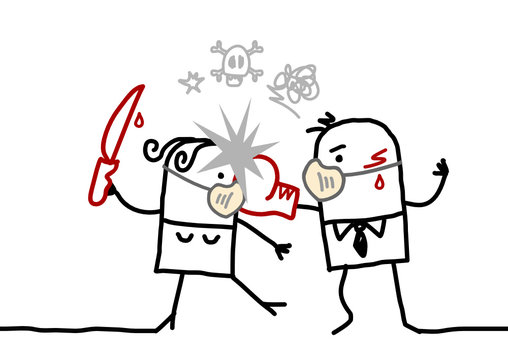 Cartoon couple with masks against the virus fighting together