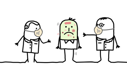 Cartoon doctors with masks and an infected patient with Virus