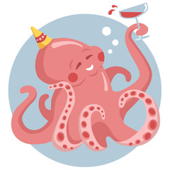 Funny octopus with a glass of wine on holiday. Pink octopus with tentacles in a good mood underwater