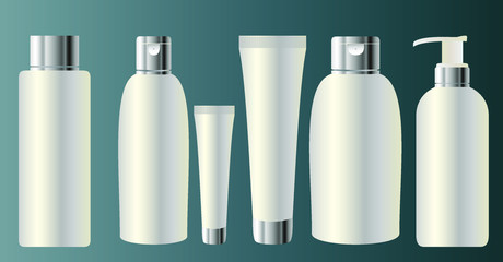 Set vector blank templates of empty and clean white plastic containers: bottles with spray and dropper, cream jar, tube. Realistic 3d mock-up of cosmetic package.