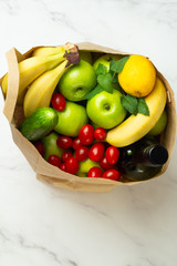 fruits, vegetables, wine in food delivery
