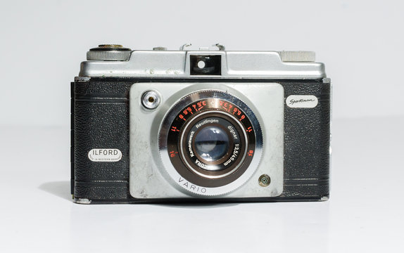 london, england, 05/05/2019 Iilford sportsman 35mm Film Auto focus SLR Camera Body and 45mm fixed lens Japanese. retro vintage classic film camera body rangefinder style.