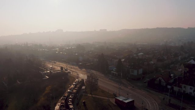 Aerial Panorama Over tram terminal Prague at national park Sarka, Lysolaje During Sunrise With Morning Mist In The Air